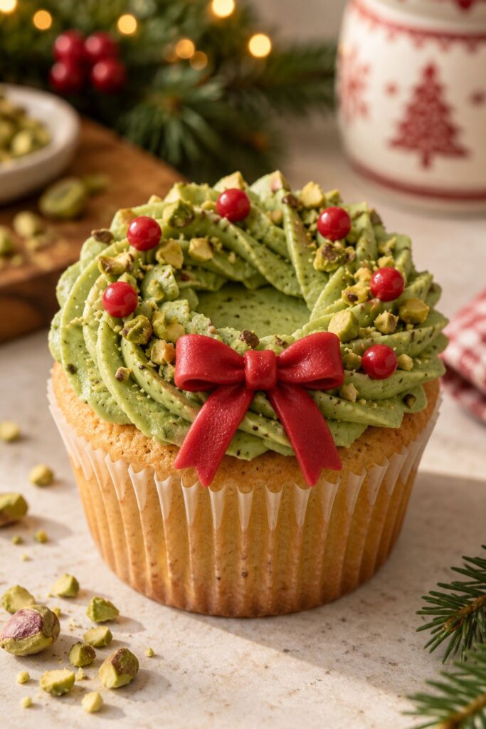 Cupcake topped with green pistachio buttercream piped into a wreath ring with red candy berries and a bow