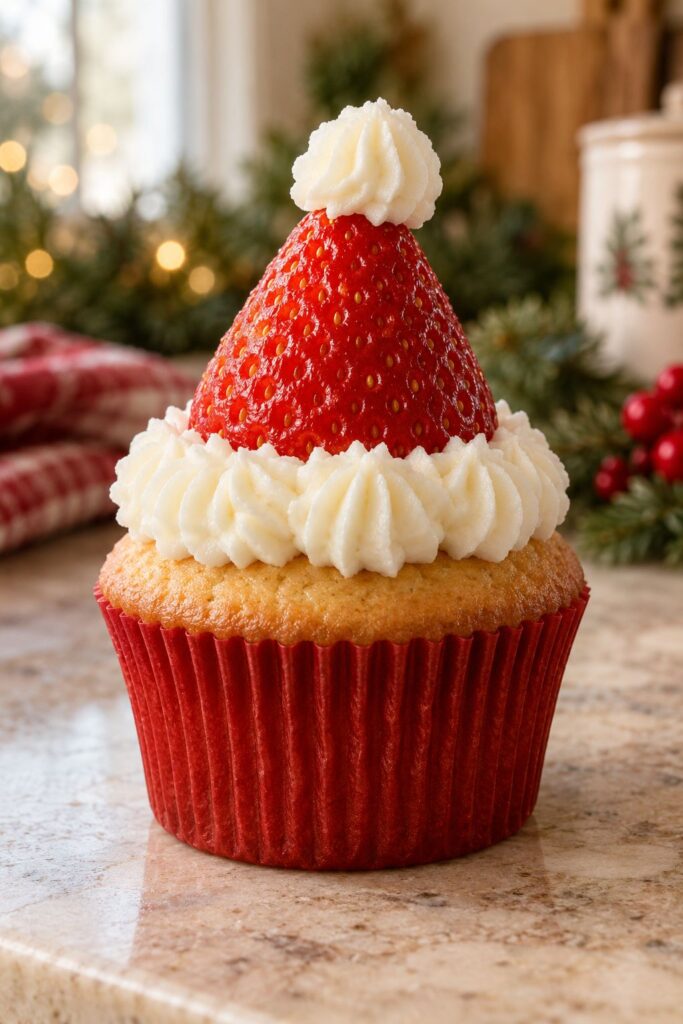 Santa hat cupcake with a white frosting brim, a red strawberry cone, and a tiny white pom-pom
