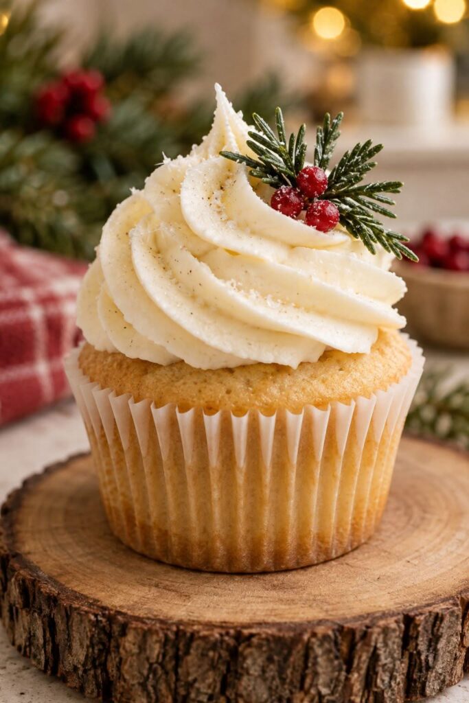 Cupcake with simple white swirled frosting and a pine sprig, displayed on a rustic wood slice board