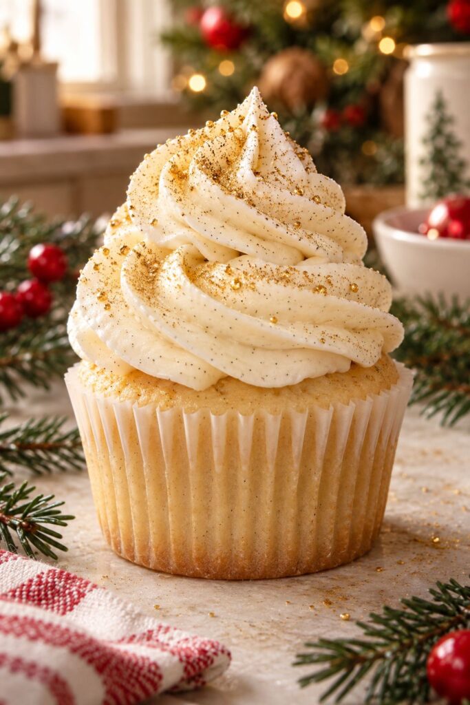Vanilla cupcake with a smooth ivory buttercream swirl brushed with edible gold luster dust