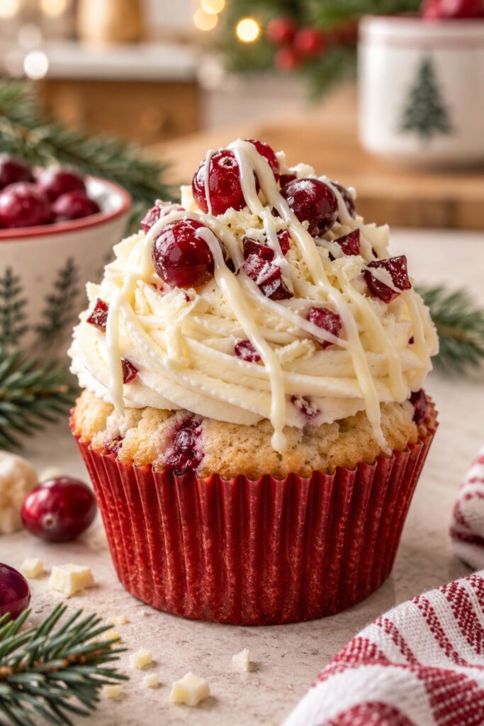 Cupcake topped with pale buttercream, white chocolate drizzle, and fresh scattered cranberries
