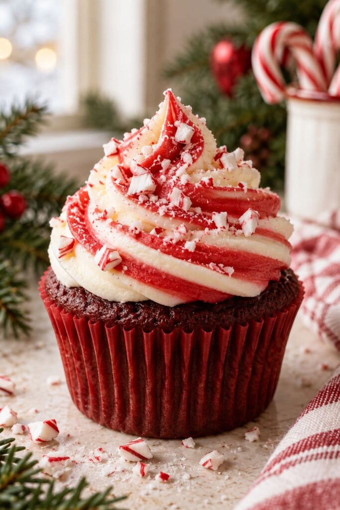 Cupcake with a tall two-tone red and white peppermint swirl buttercream topped with crushed candy cane