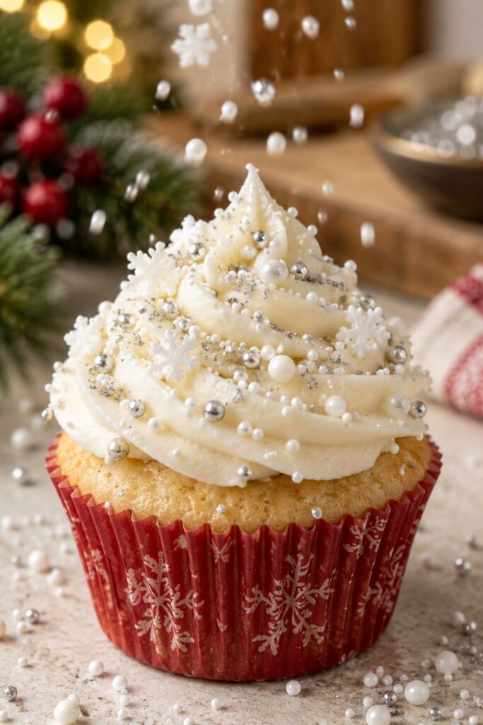 Cupcake with white frosting scattered with white and silver edible confetti sprinkles