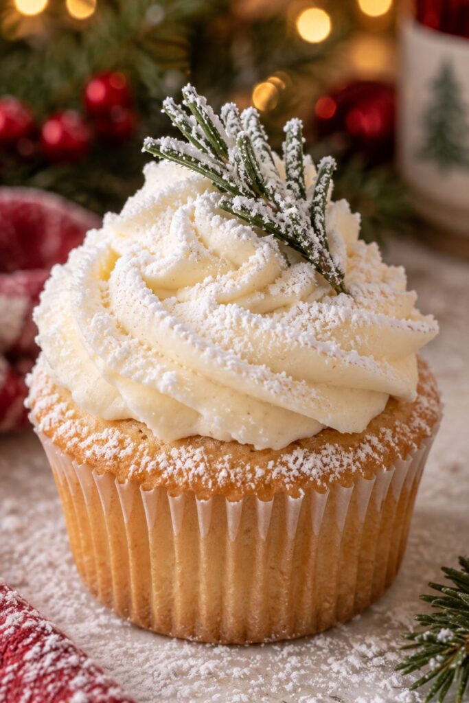 Simple frosted cupcake dusted heavily with powdered sugar snow and topped with a small pine sprig
