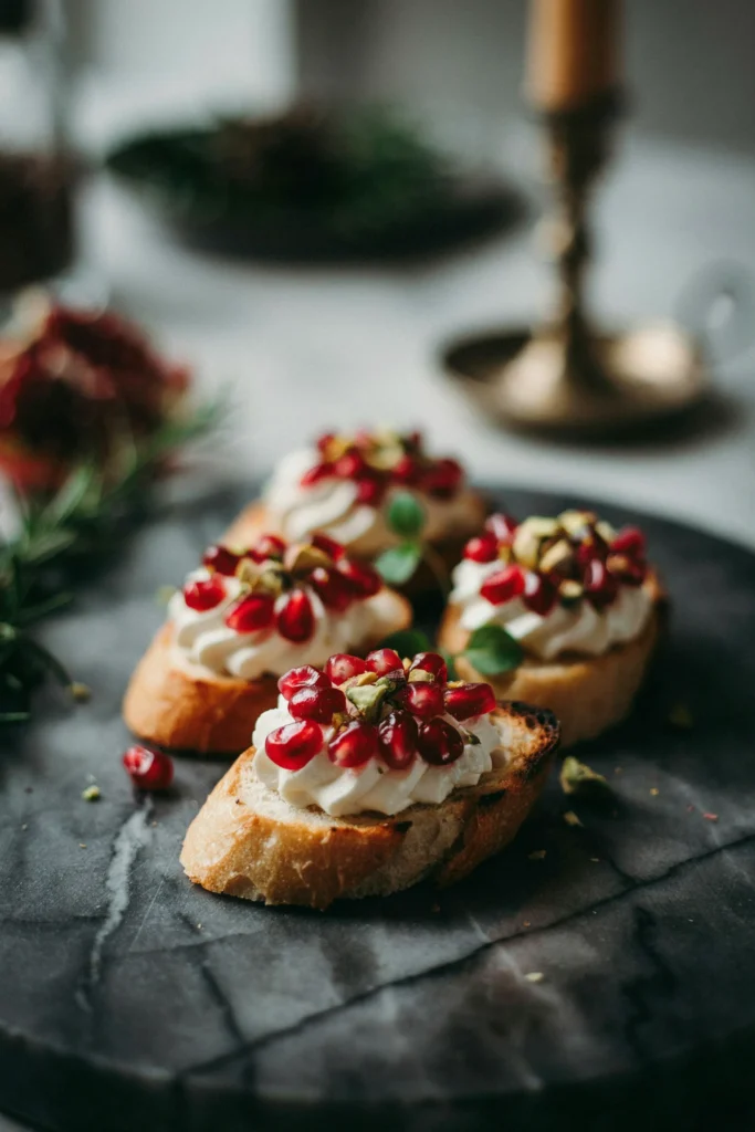 Toasted crostini topped with whipped cream cheese, pomegranate seeds arranged into poinsettia flowers, and chopped pistachios. class=