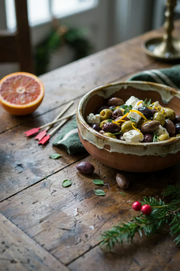 A small bowl of marinated olives and cubed feta in golden olive oil with fresh herbs and orange zest, served with cocktail picks alongside. class=