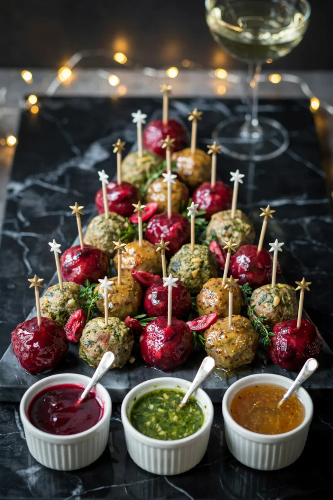 Individual meatballs on skewers glazed in vibrant red, green, and gold sauces, arranged to resemble colorful Christmas ornaments. class=