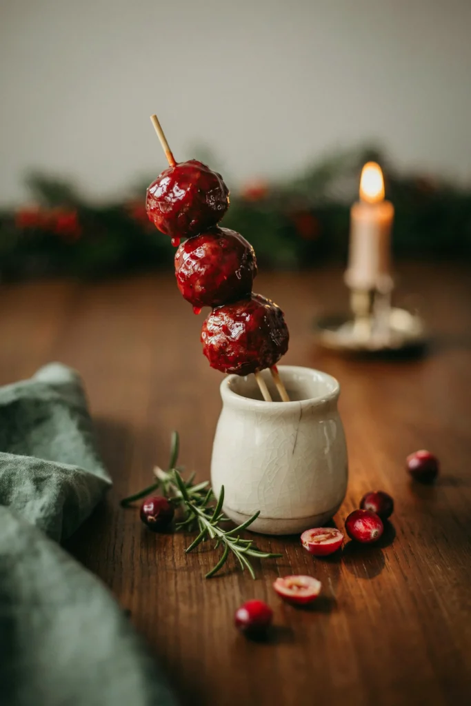 Christmas meatball skewers glazed with cranberry sauce