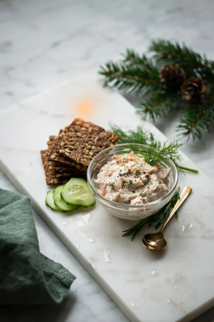 Smoked salmon dill dip in a glass dish with rye crackers and cucumber slices