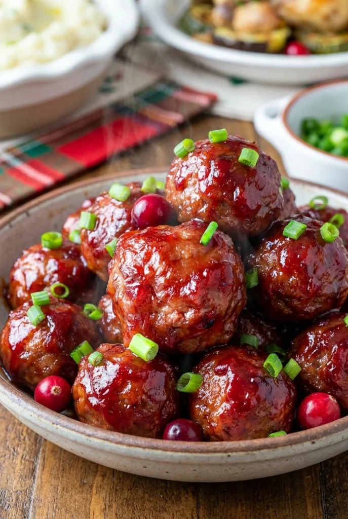 Glazed gingerbread-spiced meatballs garnished with gingerbread crumbs and thyme