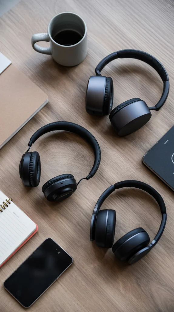 Flat lay of wireless silent disco headphones ready for a teen dance party