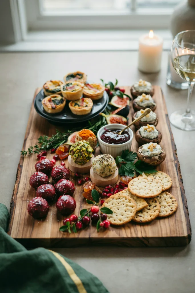 Tiered stand loaded with mini quiches, stuffed mushrooms, and cranberry bites as a Christmas appetizer centerpiece