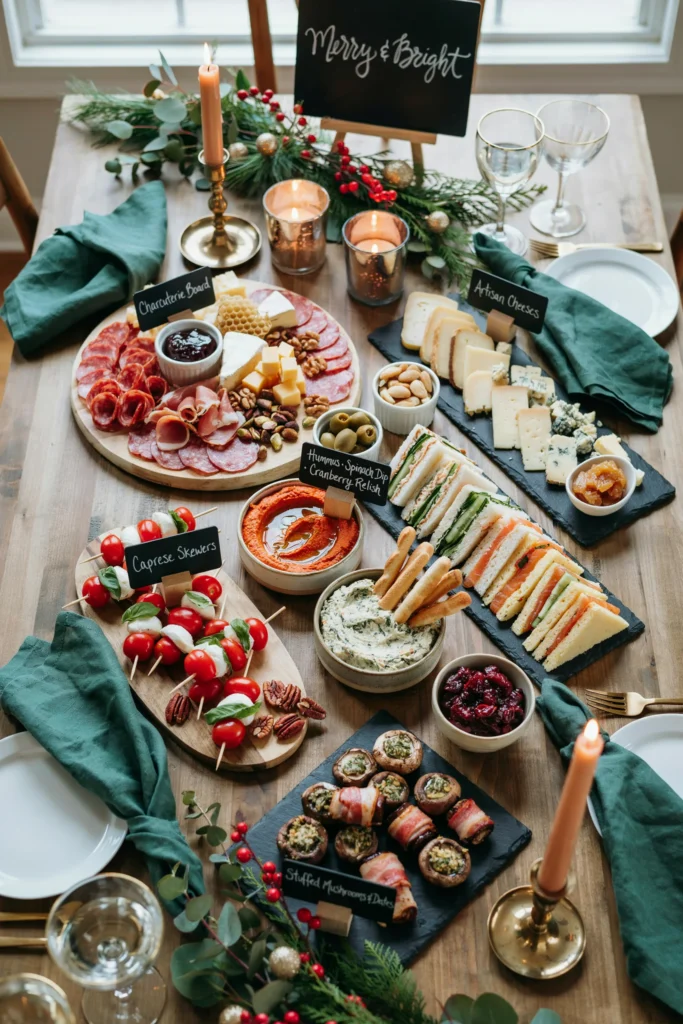 Long table covered edge to edge with small holiday appetizer plates for a Friendsmas potluck spread
