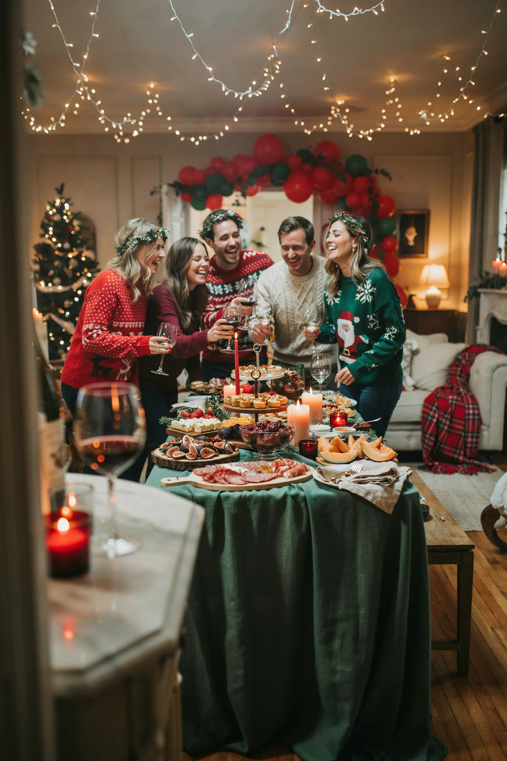 A cozy living room mid-Friendsmas party — string lights glowing, a red-and-green balloon arch over the doorway, a loaded appetizer table in the foreground, friends laughing in ugly sweaters in the background.