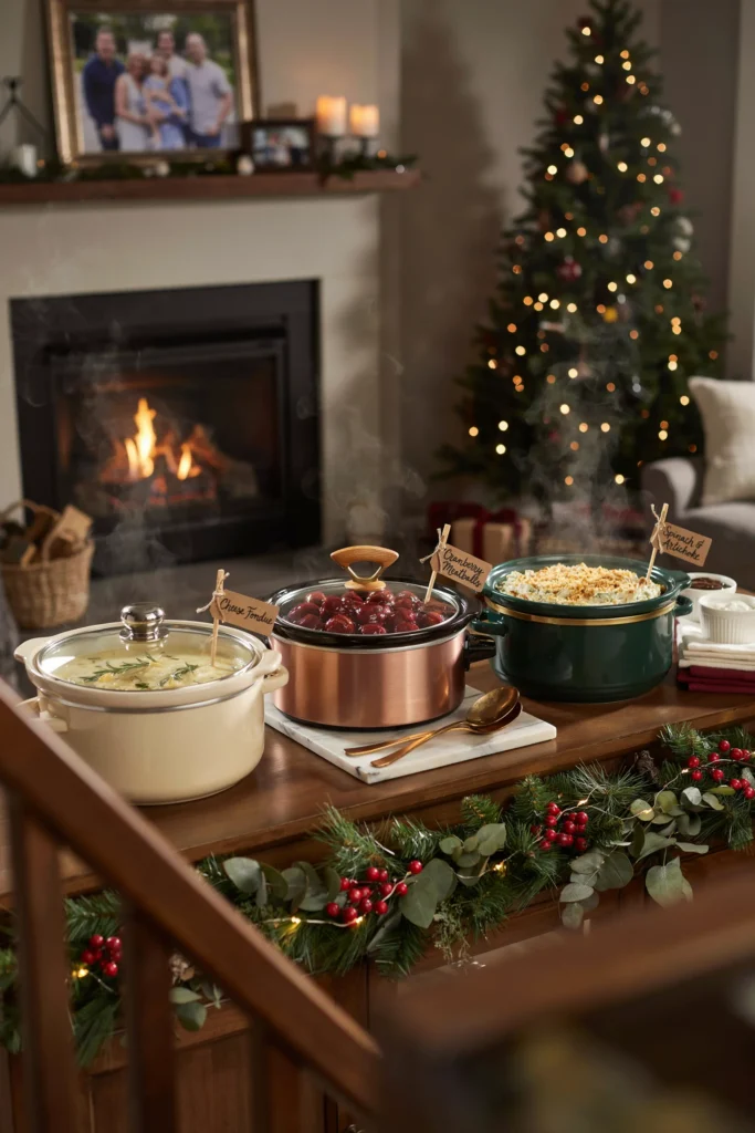 Row of small crockpots on a sideboard holding warm dips and appetizers for a Friendsmas party