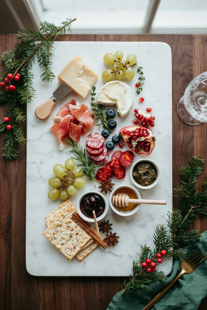 Marble board of cold Christmas snacks including dips, cheese, and crackers set out for a Friendsmas party