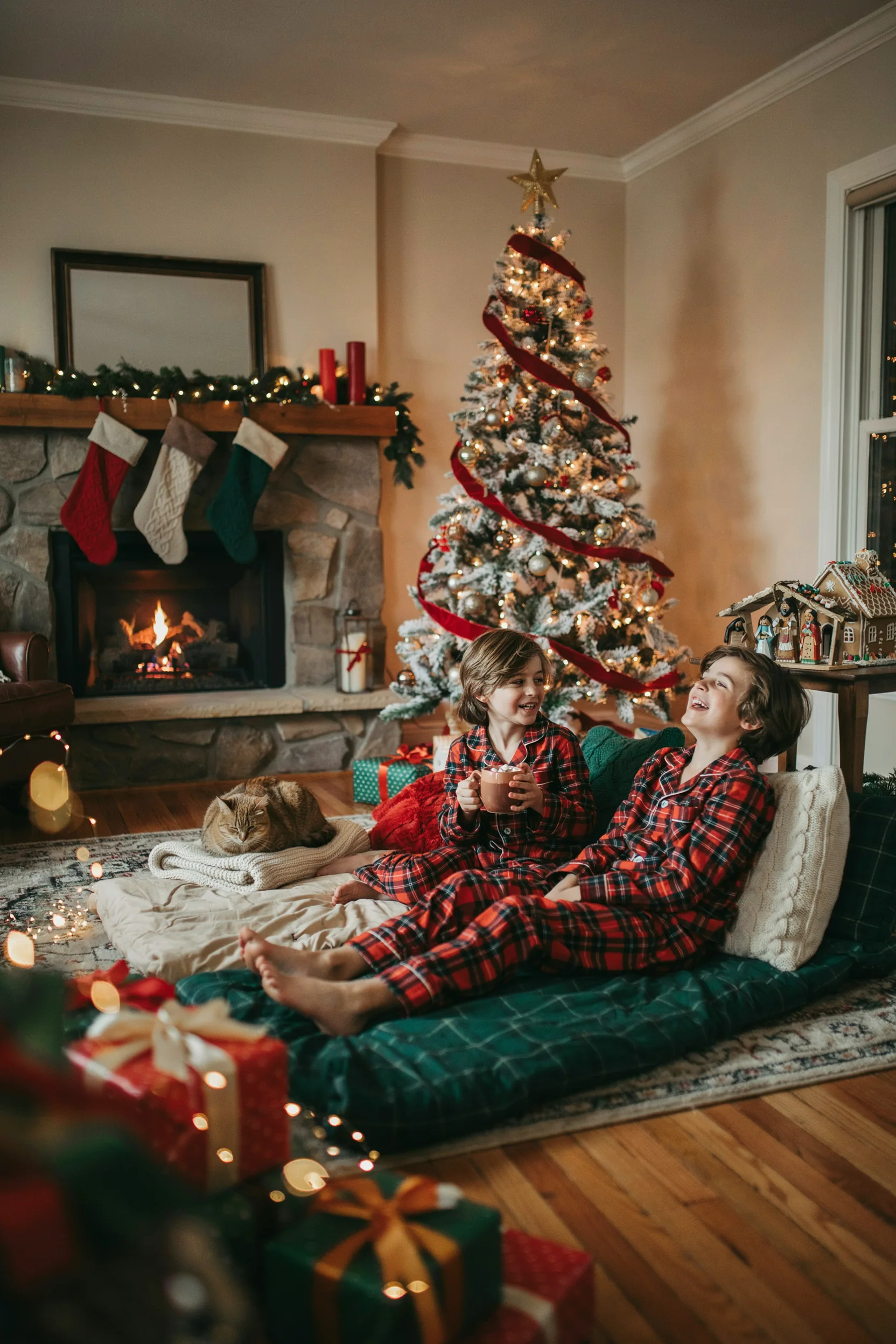 A cozy living room glowing with twinkle lights, kids in matching Christmas pajamas sprawled on sleeping bags around a decorated tree, hot cocoa mugs in hand