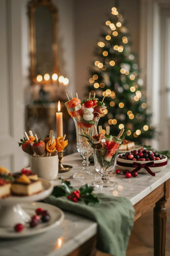 Row of skewered toothpick appetizers standing upright in a holder with red and green ribbon at a Friendsmas party