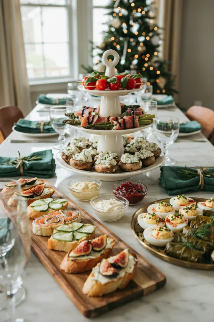 Skewers and mini hand-held holiday appetizers arranged on tiered trays for a Friendsmas finger food table