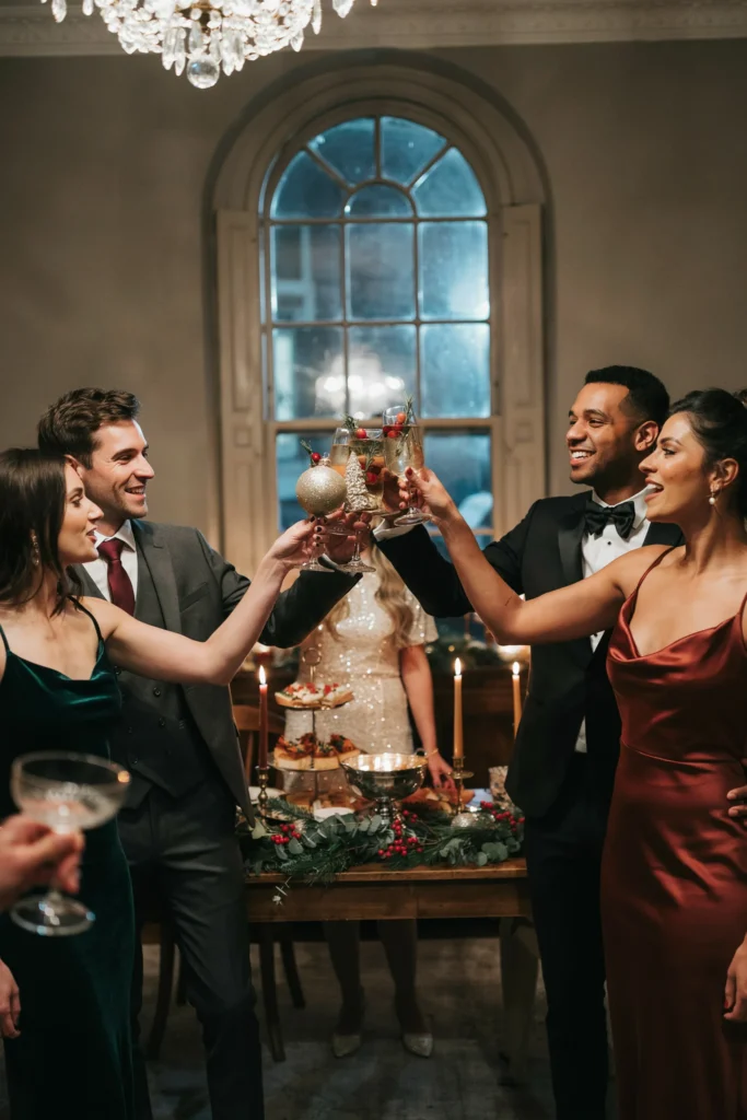 Friends toasting with festive cocktails while wearing glitter holiday-shaped novelty party glasses