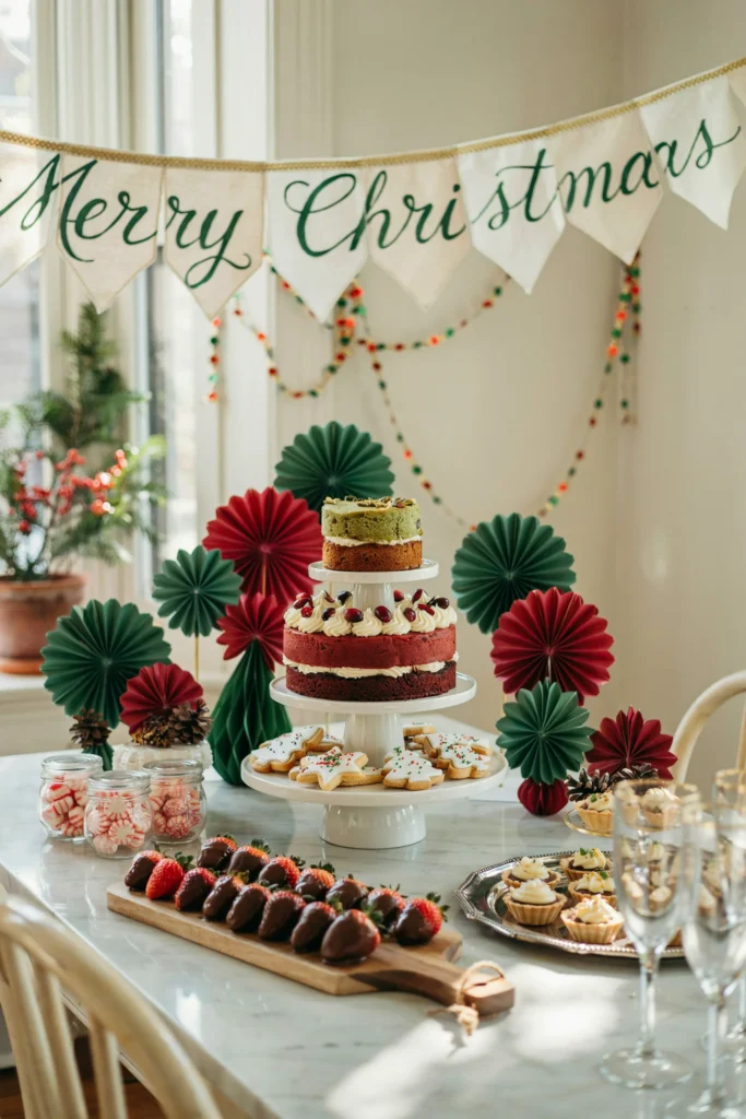 Paper fan flower garland and confetti dot streamers strung above a dessert table with a Merry Christmas banner