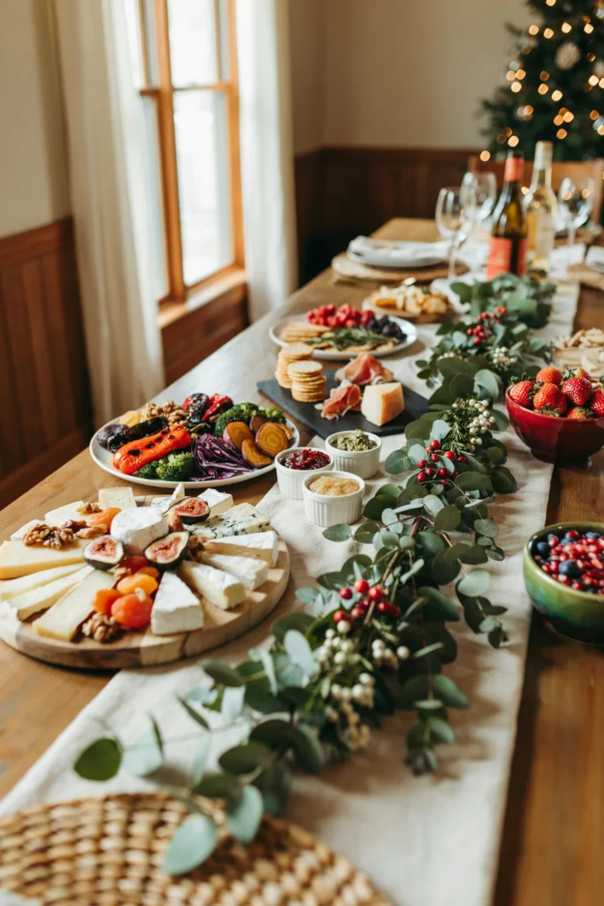Long table styled with chilled dips, crackers, cheese cubes, and fruit for a cold Christmas snack spread