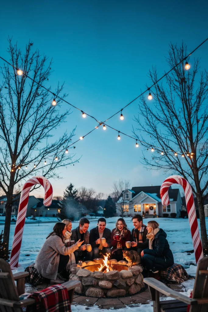Backyard patio at dusk with oversized inflatable candy canes flanking a firepit at a Friendsmas outdoor party