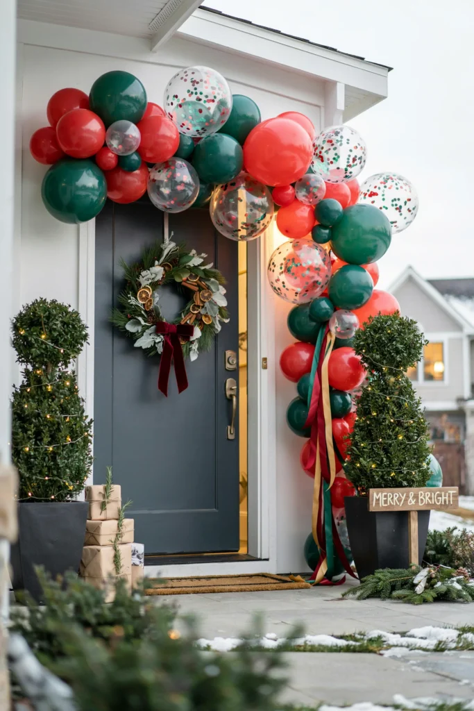 Doorway framed with a red and green confetti balloon arch and trailing ribbon tails at a Friendsmas party entrance