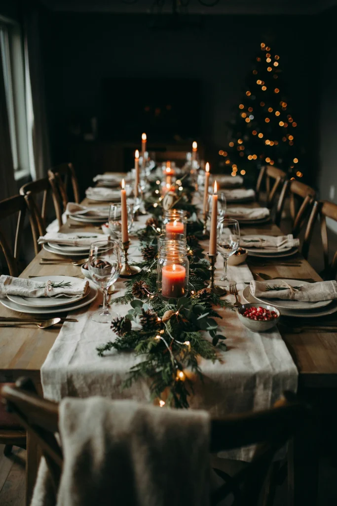 Long dinner table lit entirely by warm mini string lights tucked into mason jars and greenery for a cozy Friendsmas dinner
