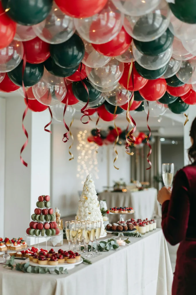 Cluster of red and green confetti balloons with ribbon tails above a Christmas party snack table