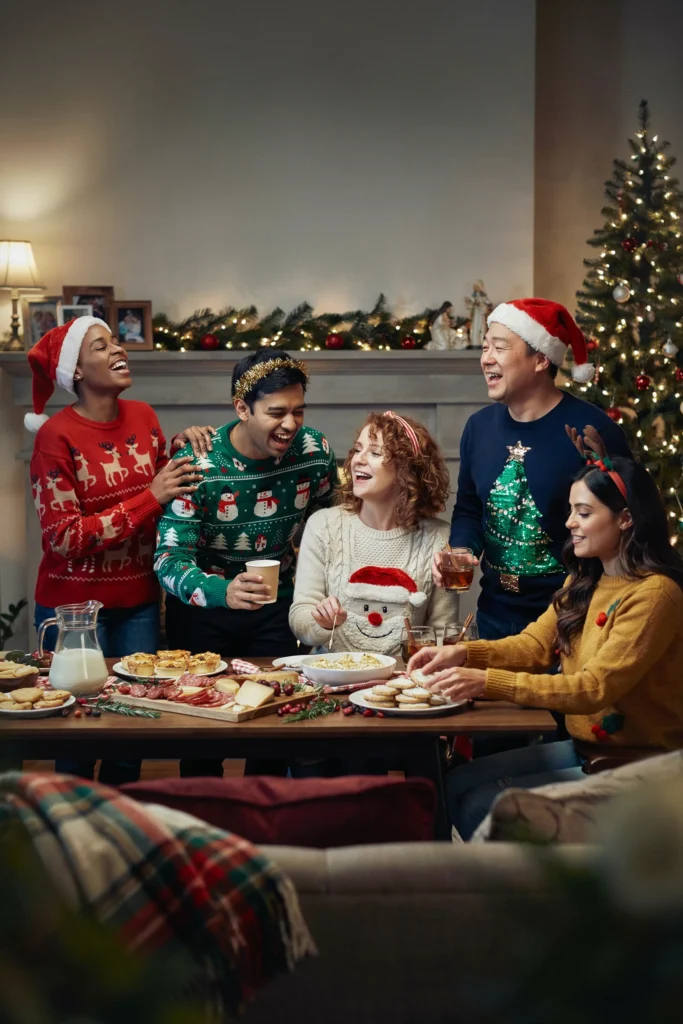 Friends in mismatched ugly Christmas sweaters and red holiday headbands laughing around a snack table at a Friendsmas party ideas 