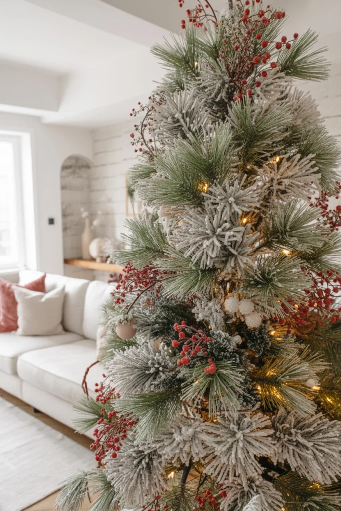 Christmas tree woven with frosted snowy pine picks and red berry stems