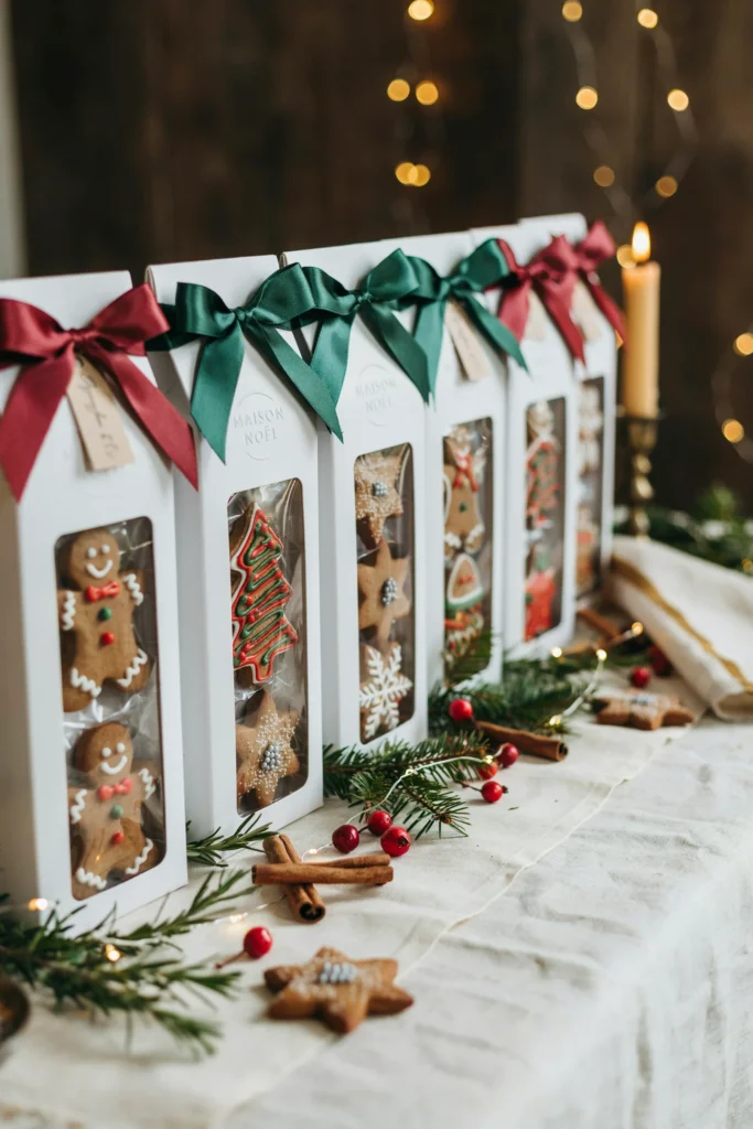 Decorated gingerbread cookies packed into bakery take home boxes