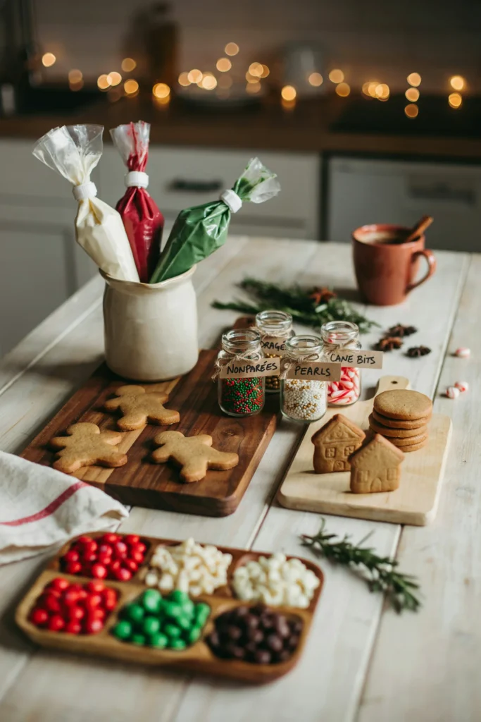 Gingerbread cookie decorating bar with icing bags and candy toppings