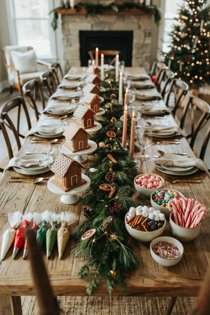 Kids decorating gingerbread houses at a party table with candy and icing