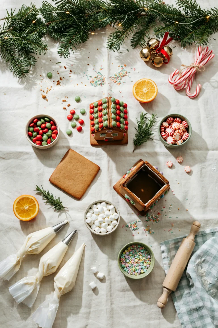 : An overhead shot of a kids' gingerbread decorating table mid-party — houses in progress, bowls of candy, small hands reaching for gumdrops, warm string lights in the background.