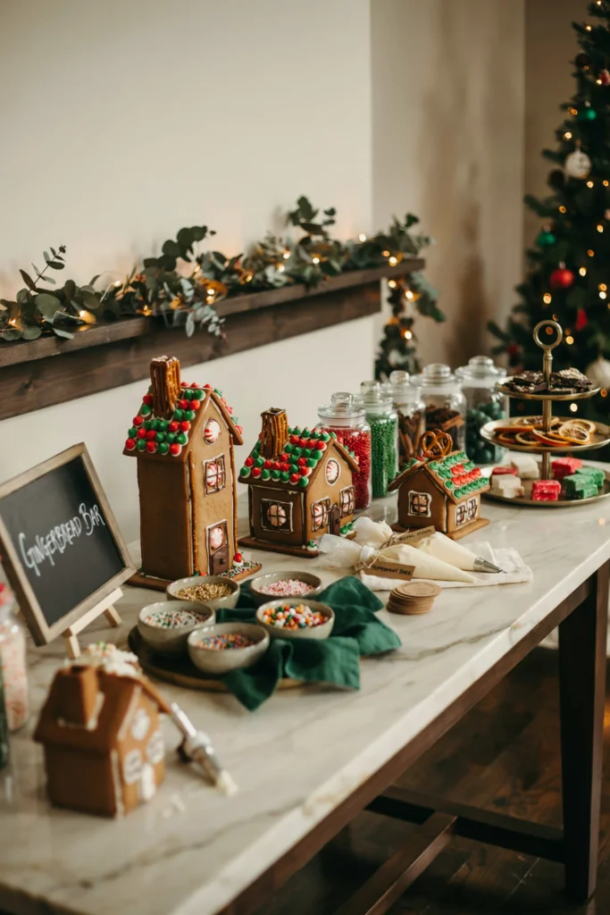 Teens decorating gingerbread houses with candy toppings at a party