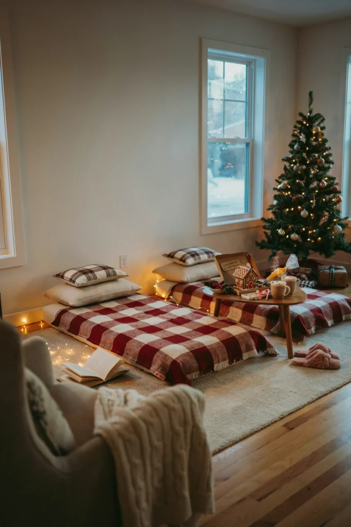 Gingerbread themed kids sleepover setup with sleeping bags and fairy lights
