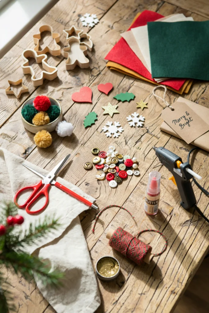Kids making felt gingerbread man crafts with cookie cutters