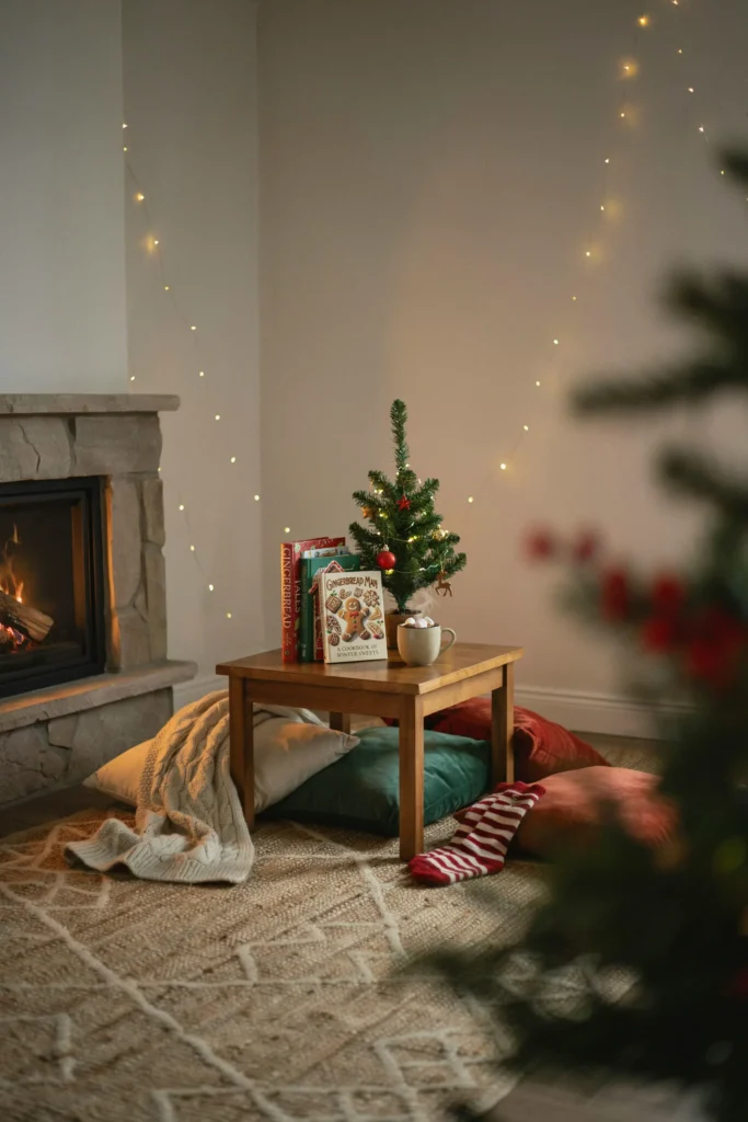 Cozy gingerbread story time reading corner with pillows and books