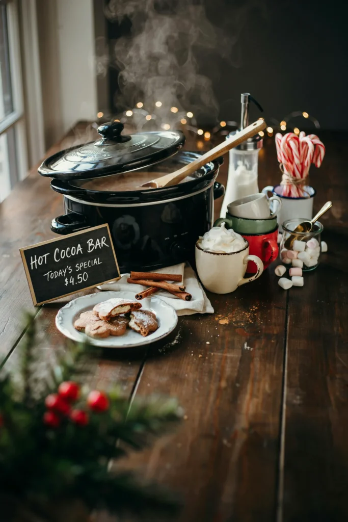 Hot cocoa and gingerbread bar with marshmallows and cookie stirrers