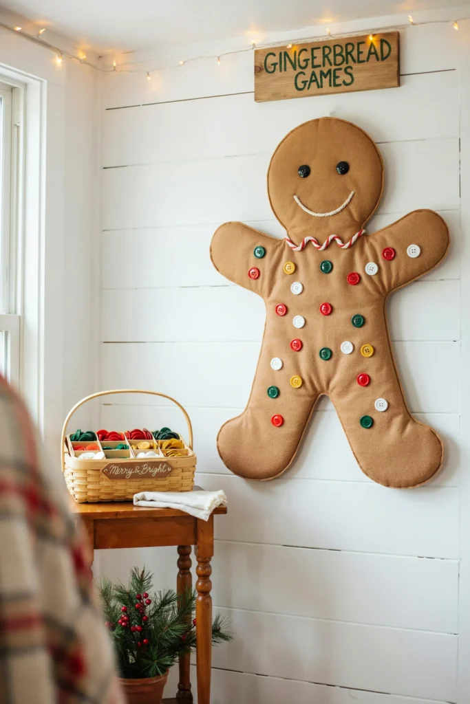 Child playing pin the buttons on the gingerbread man party game