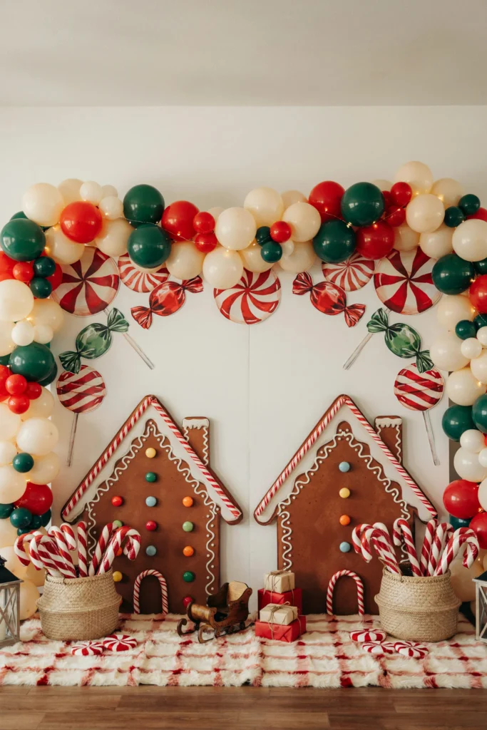 Kids posing at a gingerbread themed photo booth backdrop