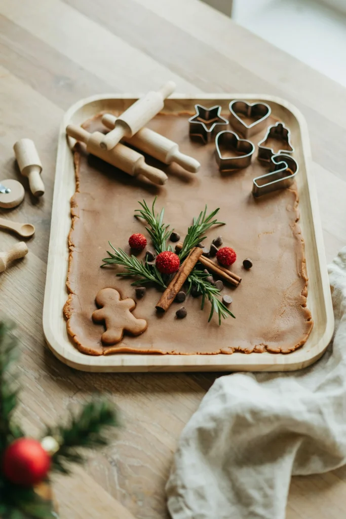 Cinnamon gingerbread playdough sensory bin with cookie cutters