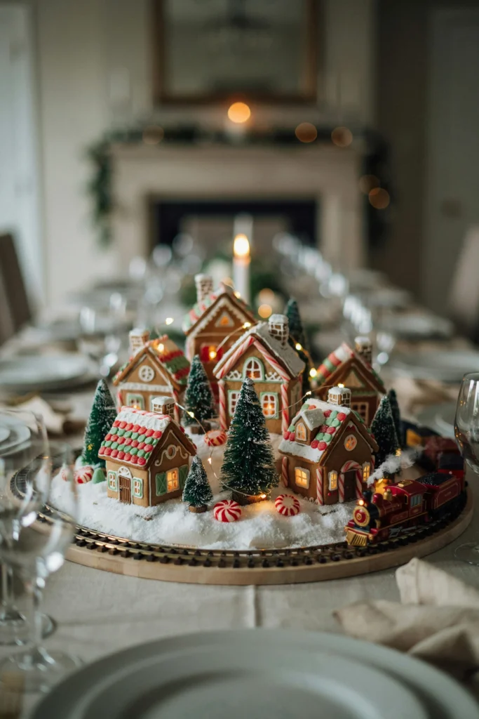 Gingerbread house village display with powdered sugar snow