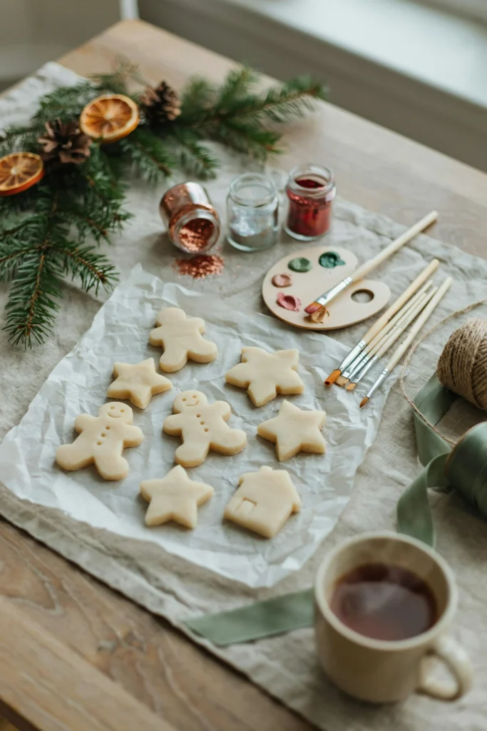 Kids painting salt dough gingerbread ornaments at a craft table