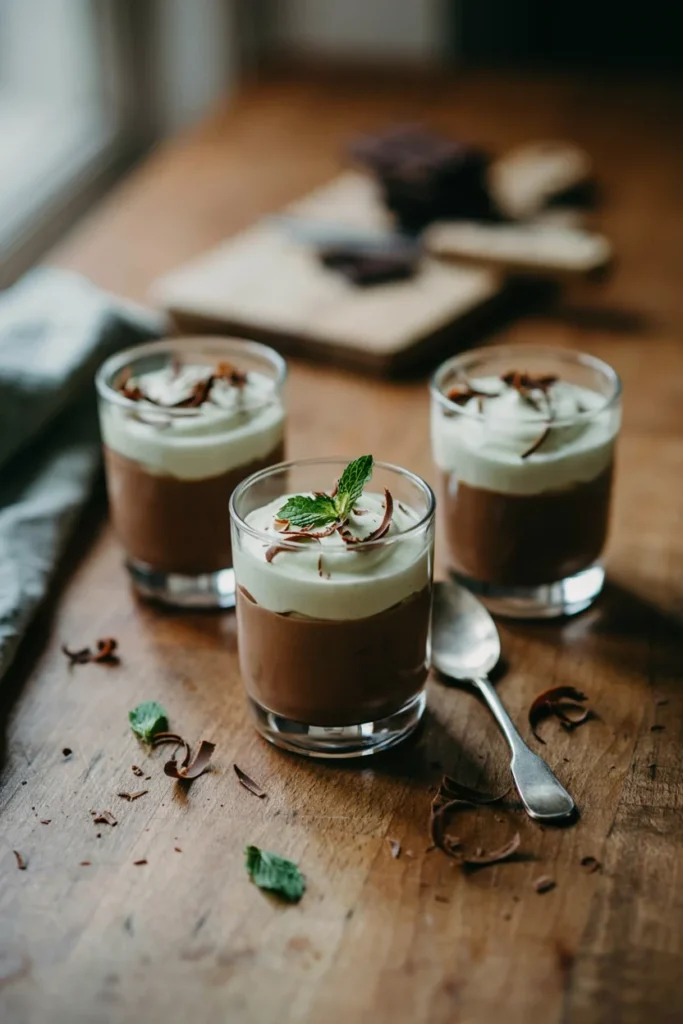 Glass jars layered with mint chocolate mousse and chocolate shavings