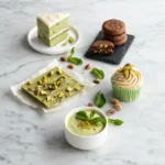 16 Green Dessert Ideas That Actually Taste as Good as They Look Overhead flat-lay of five different green desserts — a slice of green velvet cake, mint chocolate cookies, matcha bark, a pistachio cupcake, and a bowl of no-bake mousse — styled on a white marble surface with fresh mint leaves and pistachios scattered around. Bright, natural light