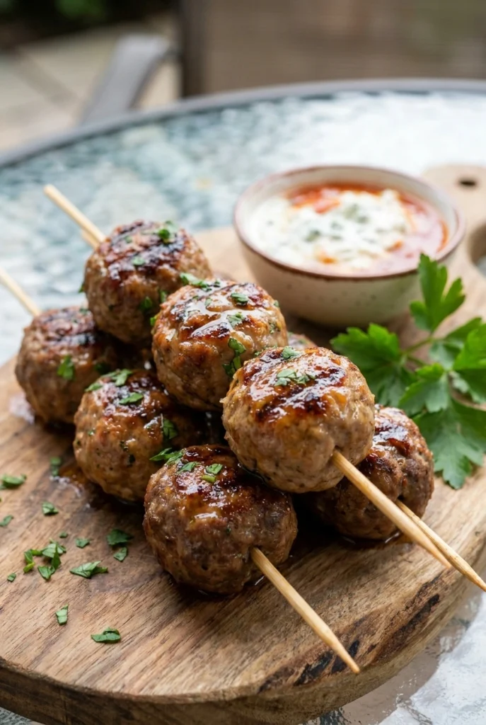 A slow cooker filled with glossy glazed cocktail meatballs, with toothpicks stuck in several for easy grabbing class=