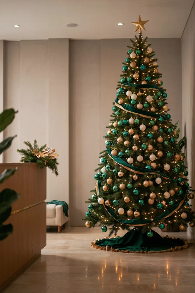 Christmas tree decorated entirely in the company's brand colors instead of traditional red and green, in a main lobby